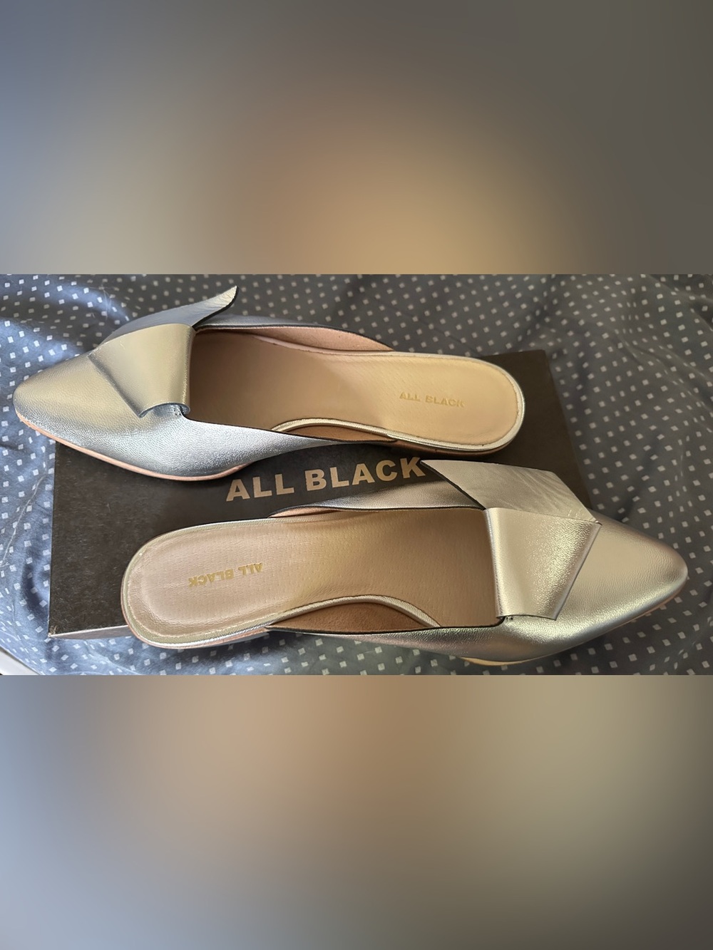 All Black Metallic Silver Women's Slide Mules (‘Kid’ leather is a high quality).